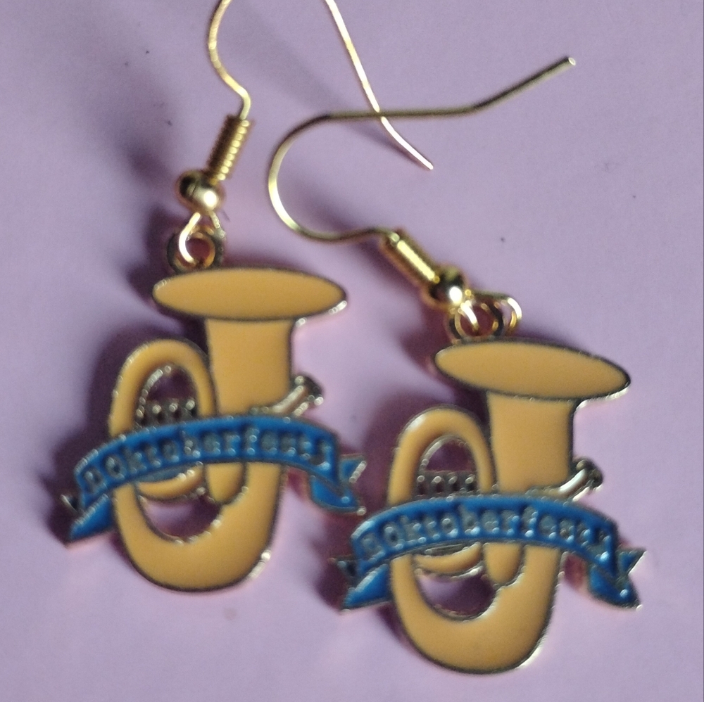 Oktoberfest Tuba Poka German Earrings 18k Gold Plated Nickel Free Hooks